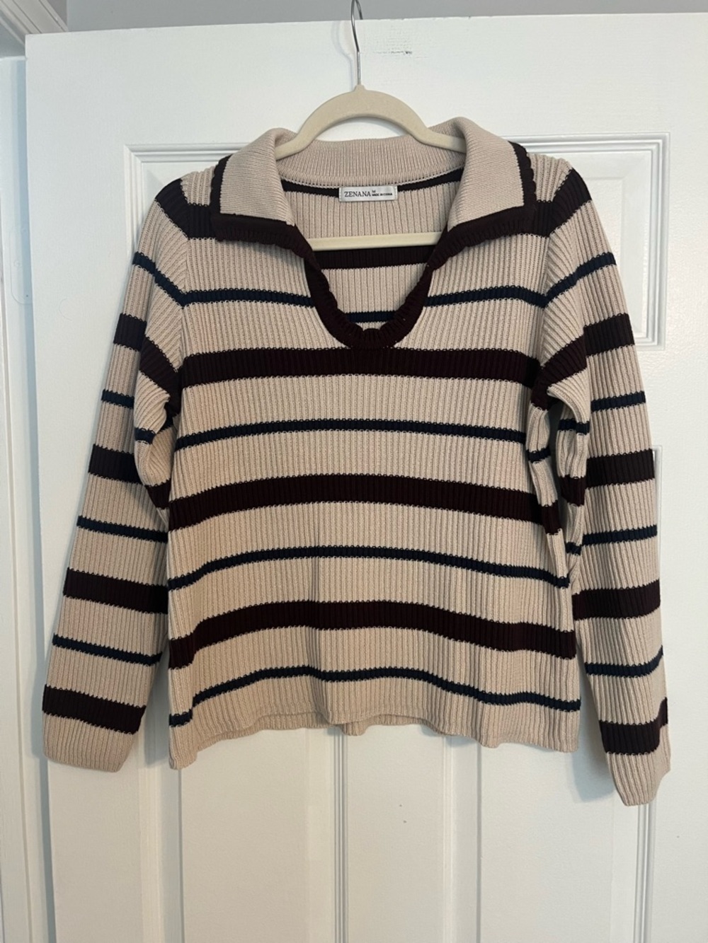 NWOT Zenana Beige Stripe V-Neck Collared Sweater